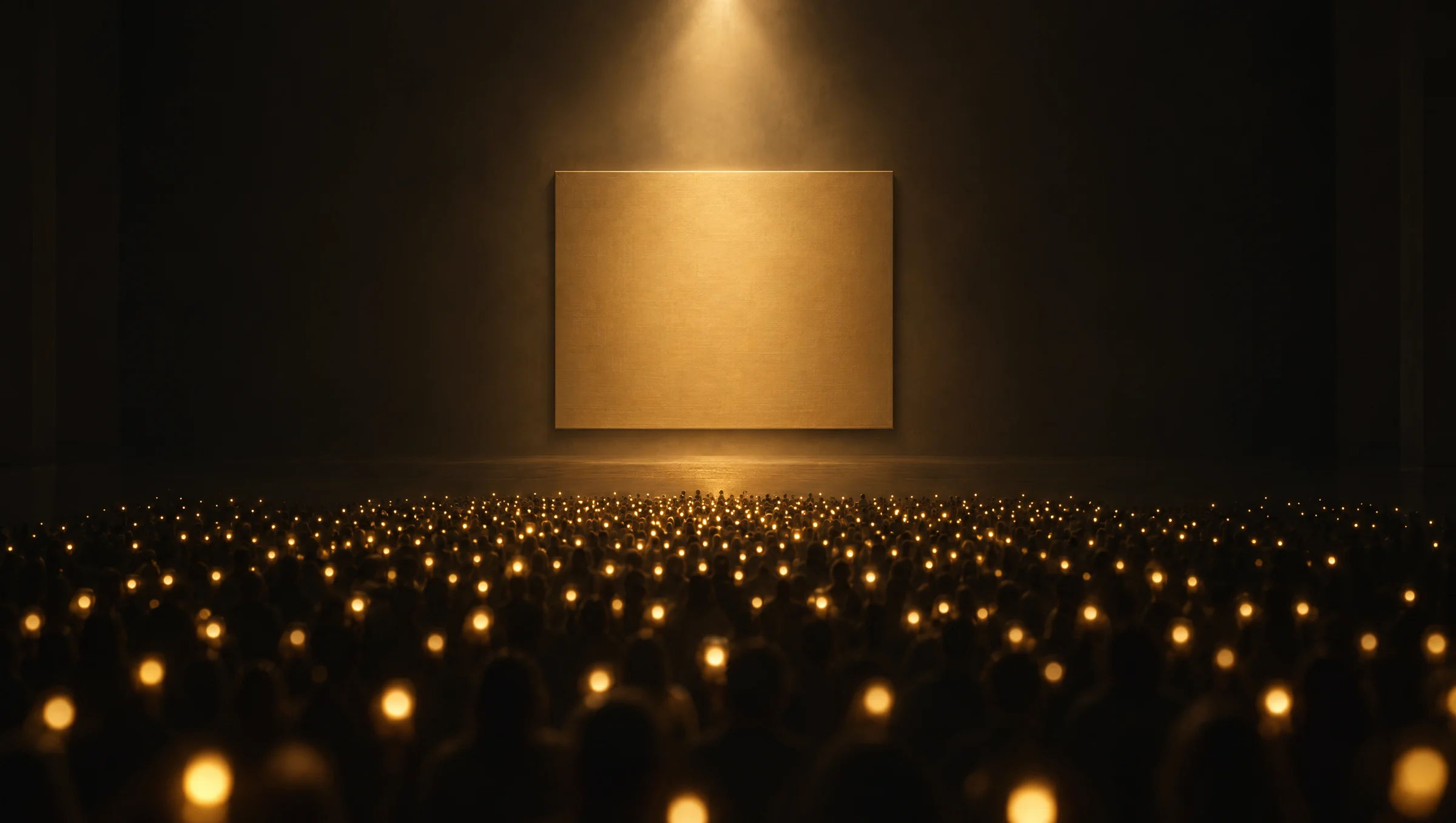 A blank canvas glowing under a single spotlight, watched by a crowd of small golden lights