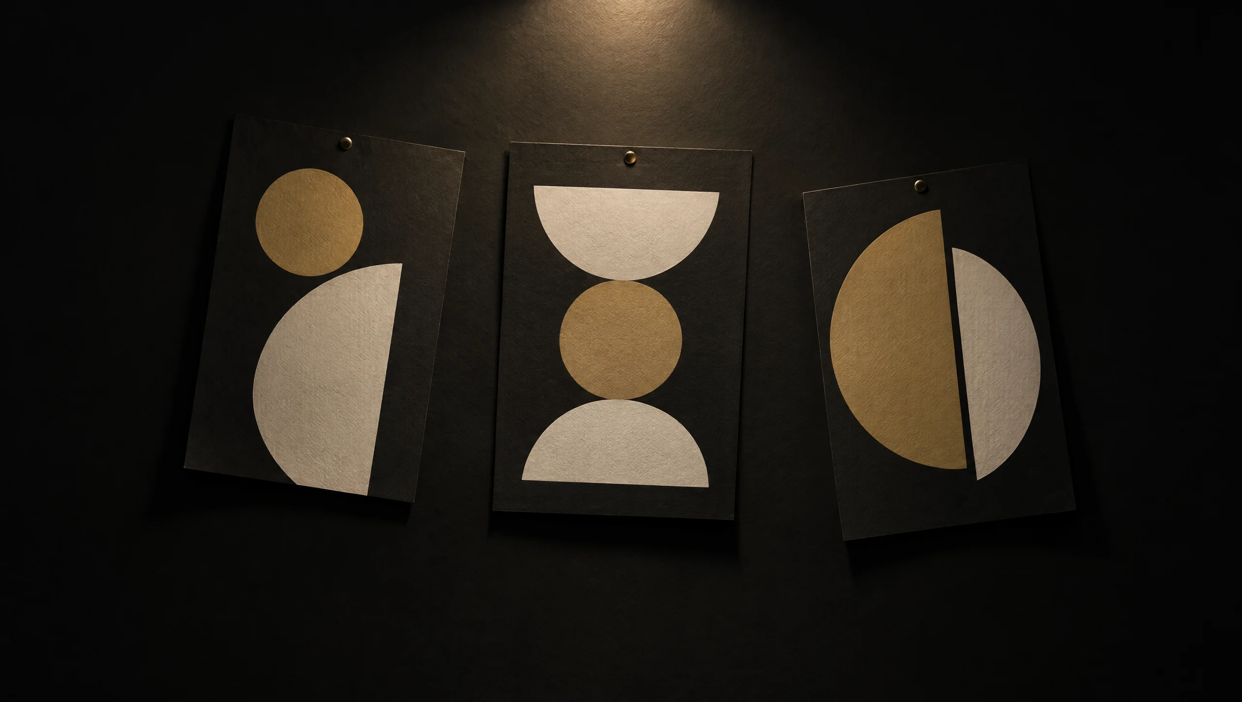Three minimalist posters with bold gold and white shapes pinned to a dark wall under a spotlight