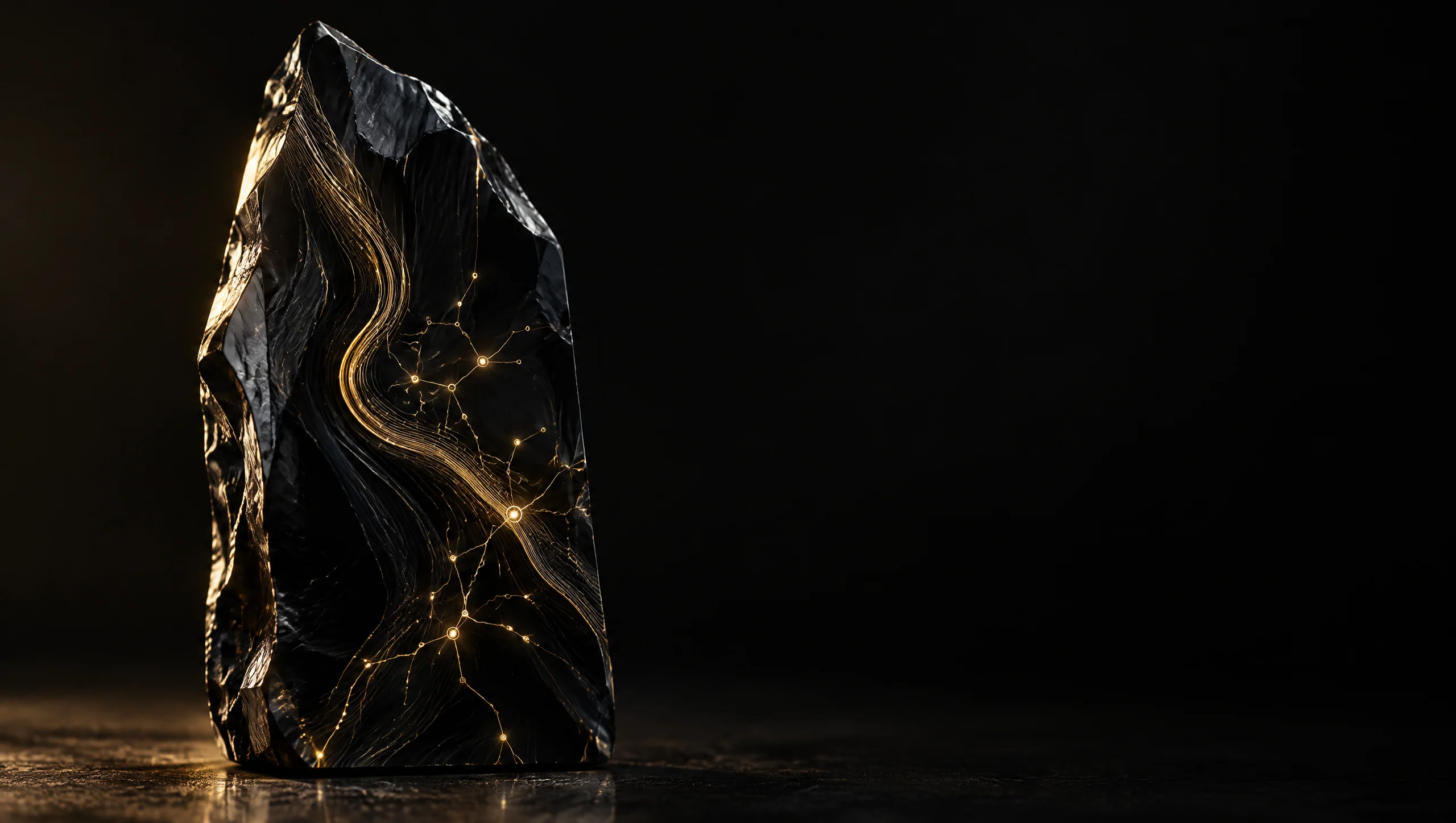 An obsidian stone veined with fine gold lines that branch into a glowing network