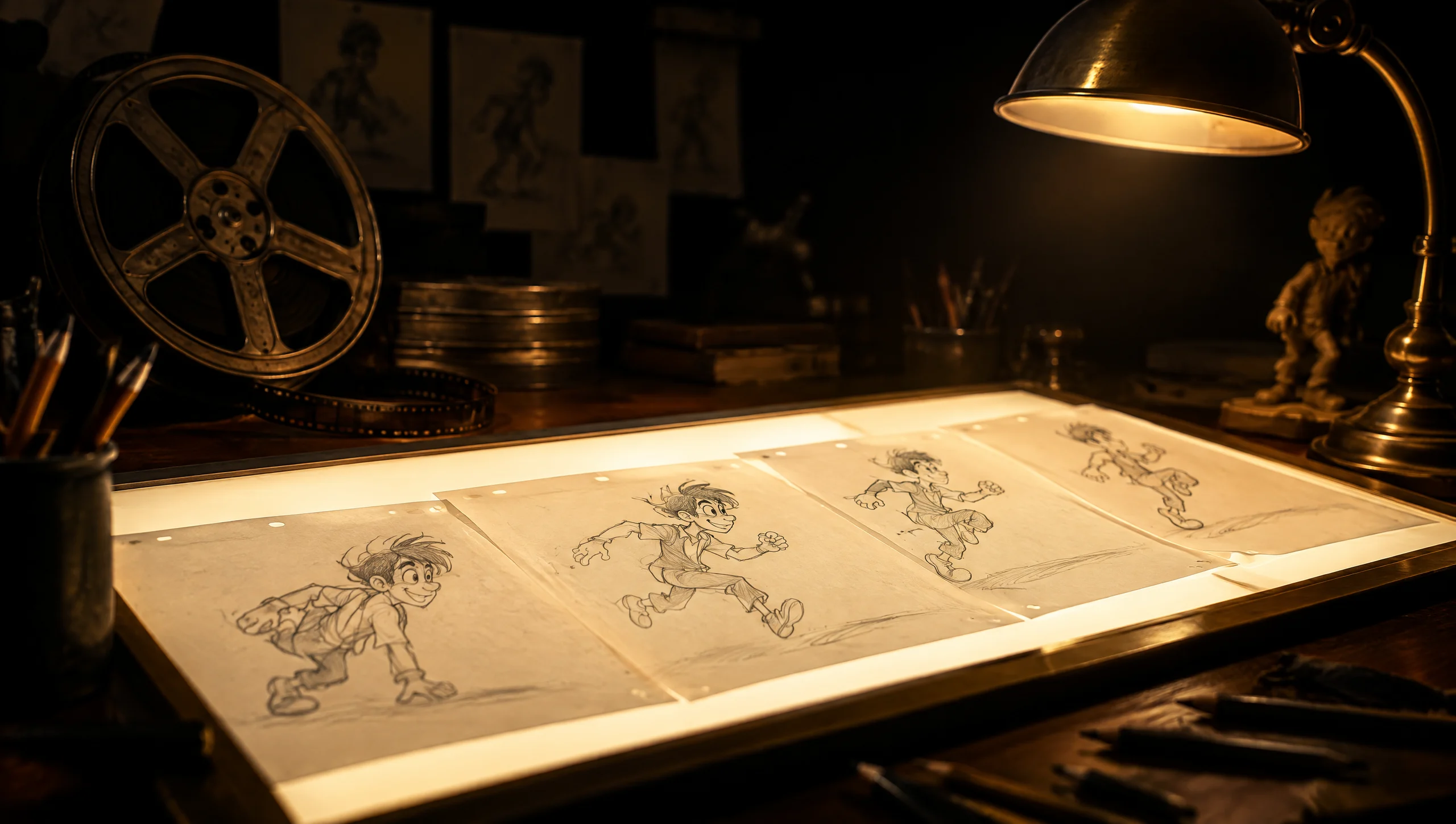 An animator's light table with pencil sketches of a running cartoon character, a film reel and a brass lamp